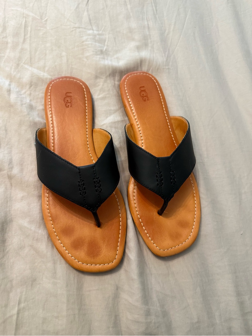 UGG Women’s Black Leather Thong Sandals with Tan Footbed